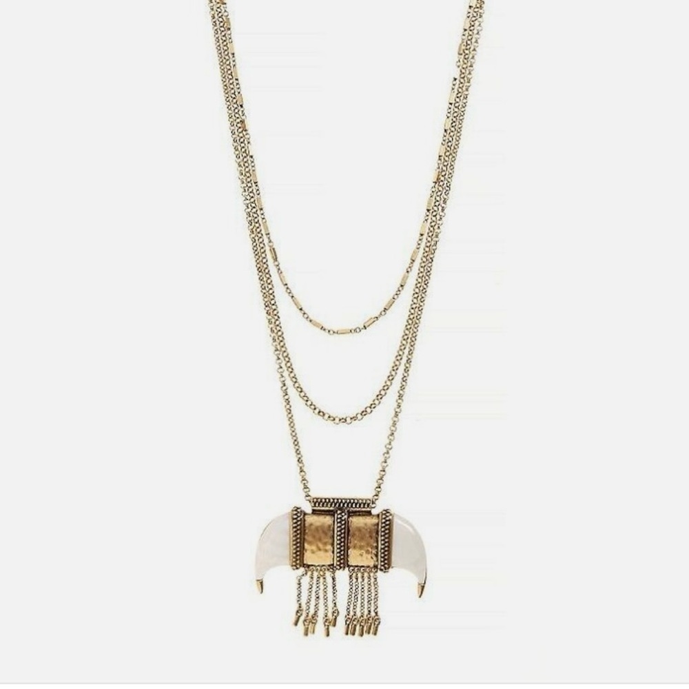 Lucky Brand Gold Tone White Inlayed Tusk Pendant Triple Layer Necklace - Picture 4 of 6